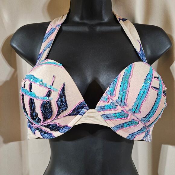 Victoria's Secret 36B Bombshell Bikini Top Blue White Pink Fern Palm Swim Sequin - Picture 2 of 9
